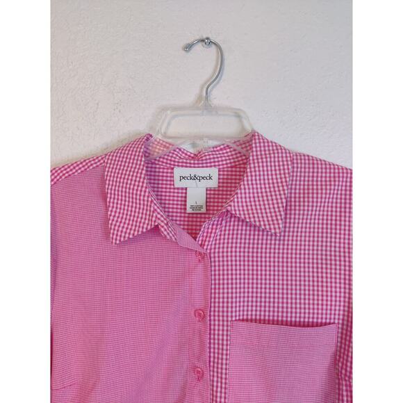 Plaid Asymmetrical Long Sleeve Button Down Shirt Blouse Pink Size L - Picture 11 of 11
